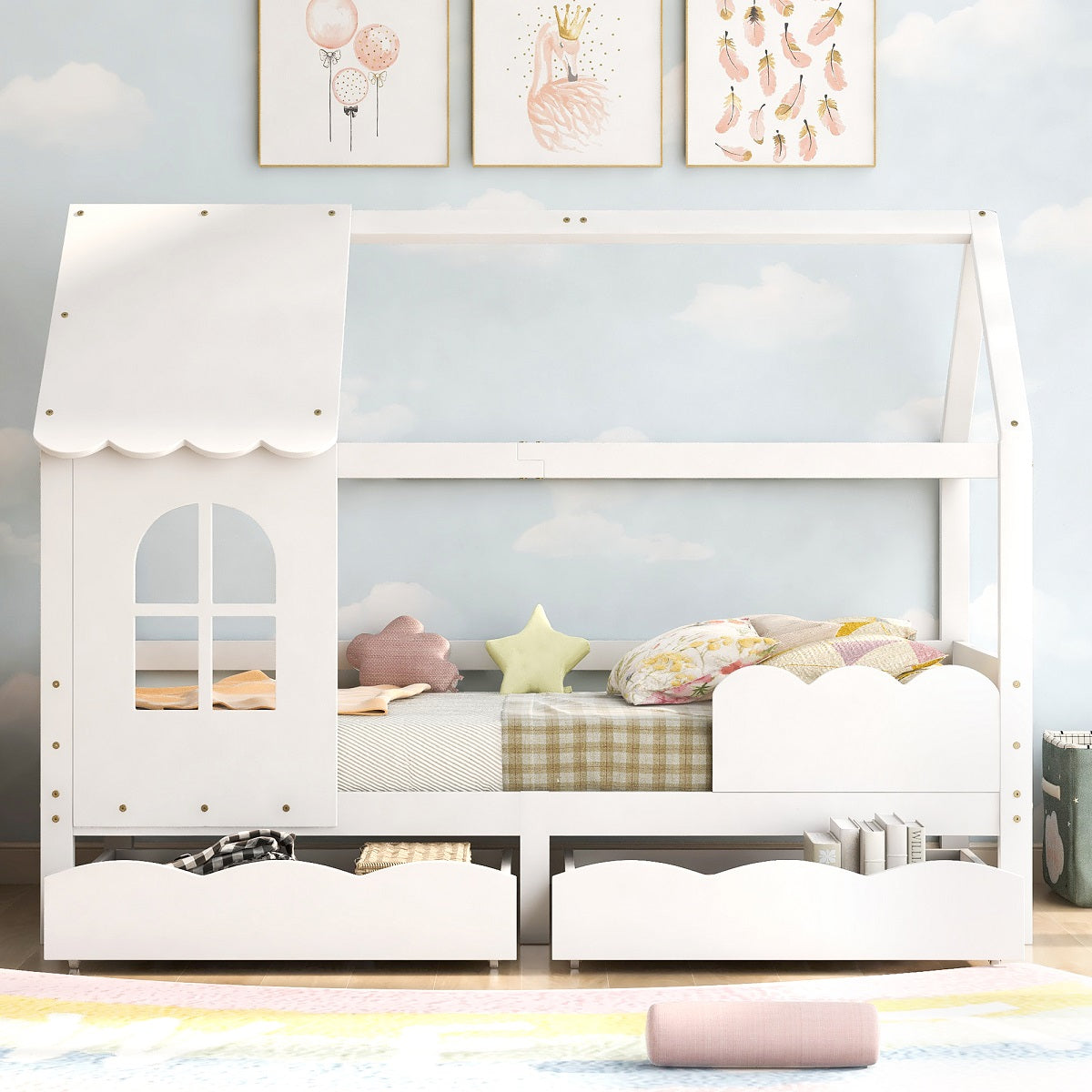 Hausbett Kinderbett 90 x 200 cm mit Rausfallschutz, Schubladen und Lattenrost, Weiß