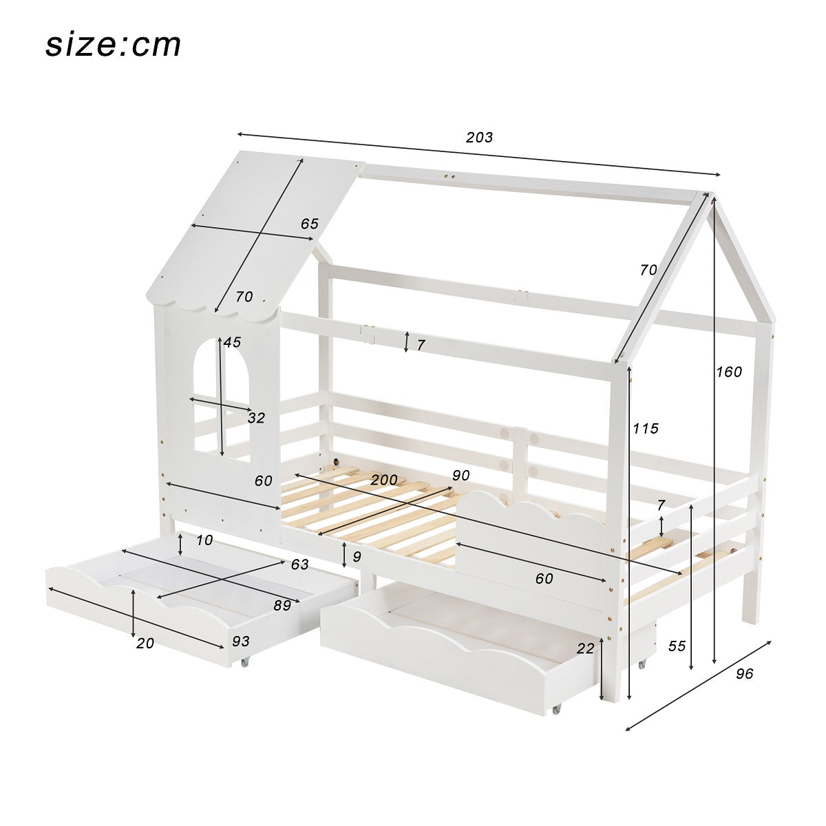 Hausbett Kinderbett 90 x 200 cm mit Rausfallschutz, Schubladen und Lattenrost, Weiß