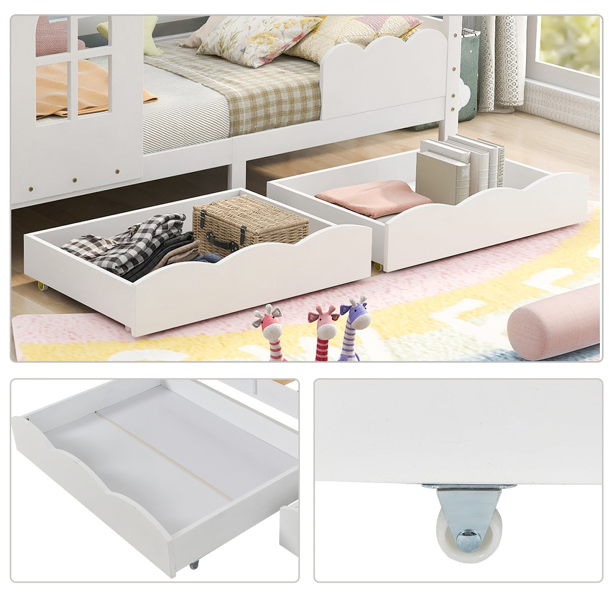 Hausbett Kinderbett 90 x 200 cm mit Rausfallschutz, Schubladen und Lattenrost, Weiß