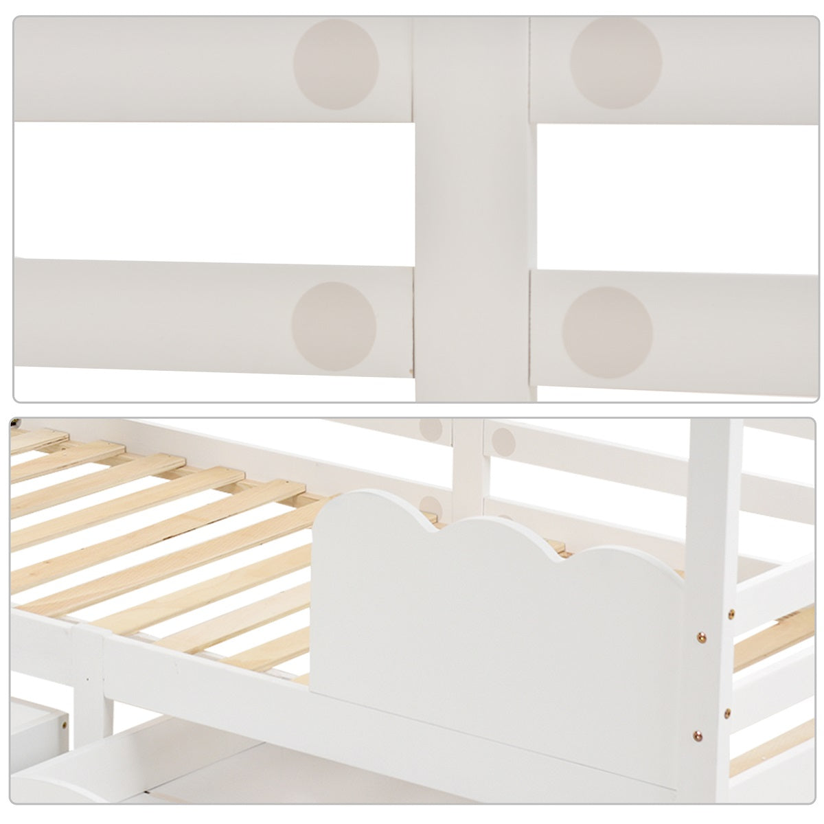 Hausbett Kinderbett 90 x 200 cm mit Rausfallschutz, Schubladen und Lattenrost, Weiß