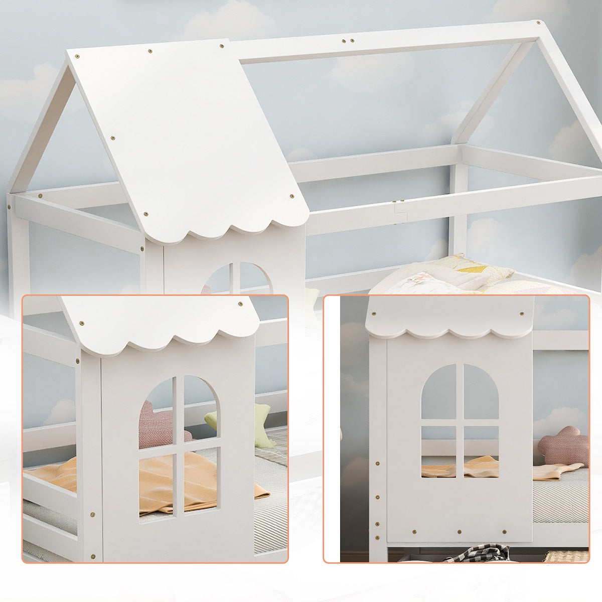 Hausbett Kinderbett 90 x 200 cm mit Rausfallschutz, Schubladen und Lattenrost, Weiß
