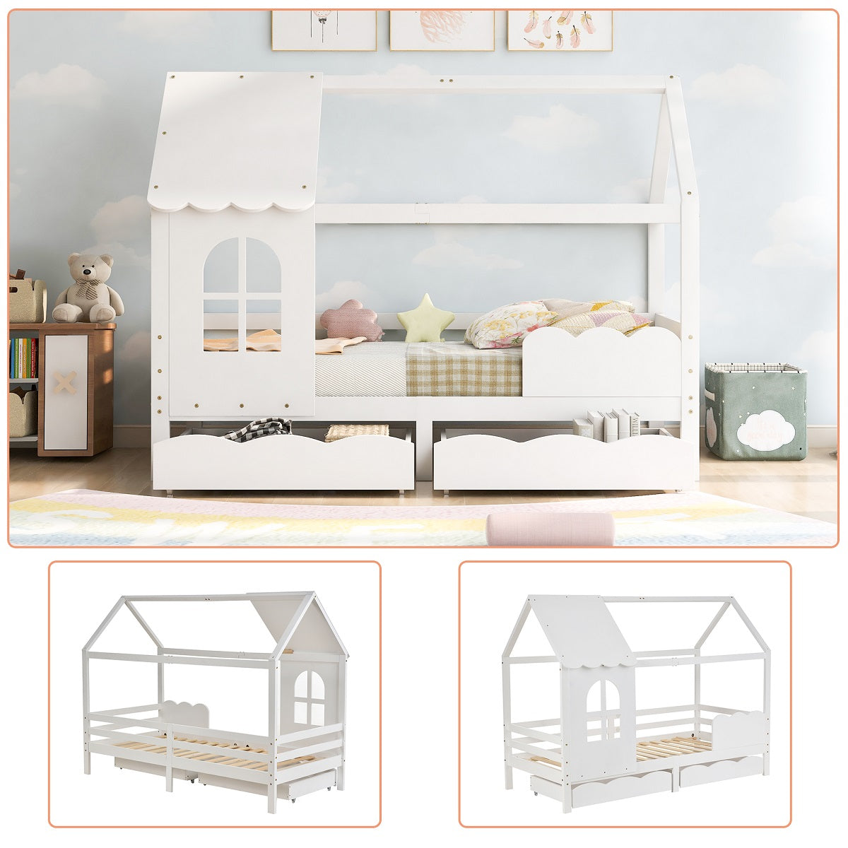 Hausbett Kinderbett 90 x 200 cm mit Rausfallschutz, Schubladen und Lattenrost, Weiß