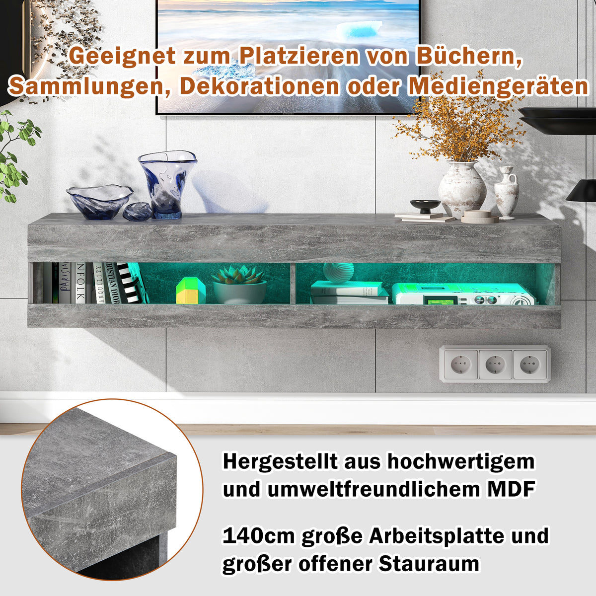 LED TV-Lowboard 140 cm in Hochglanz Weiß und Marmorgrau mit Stauraum
