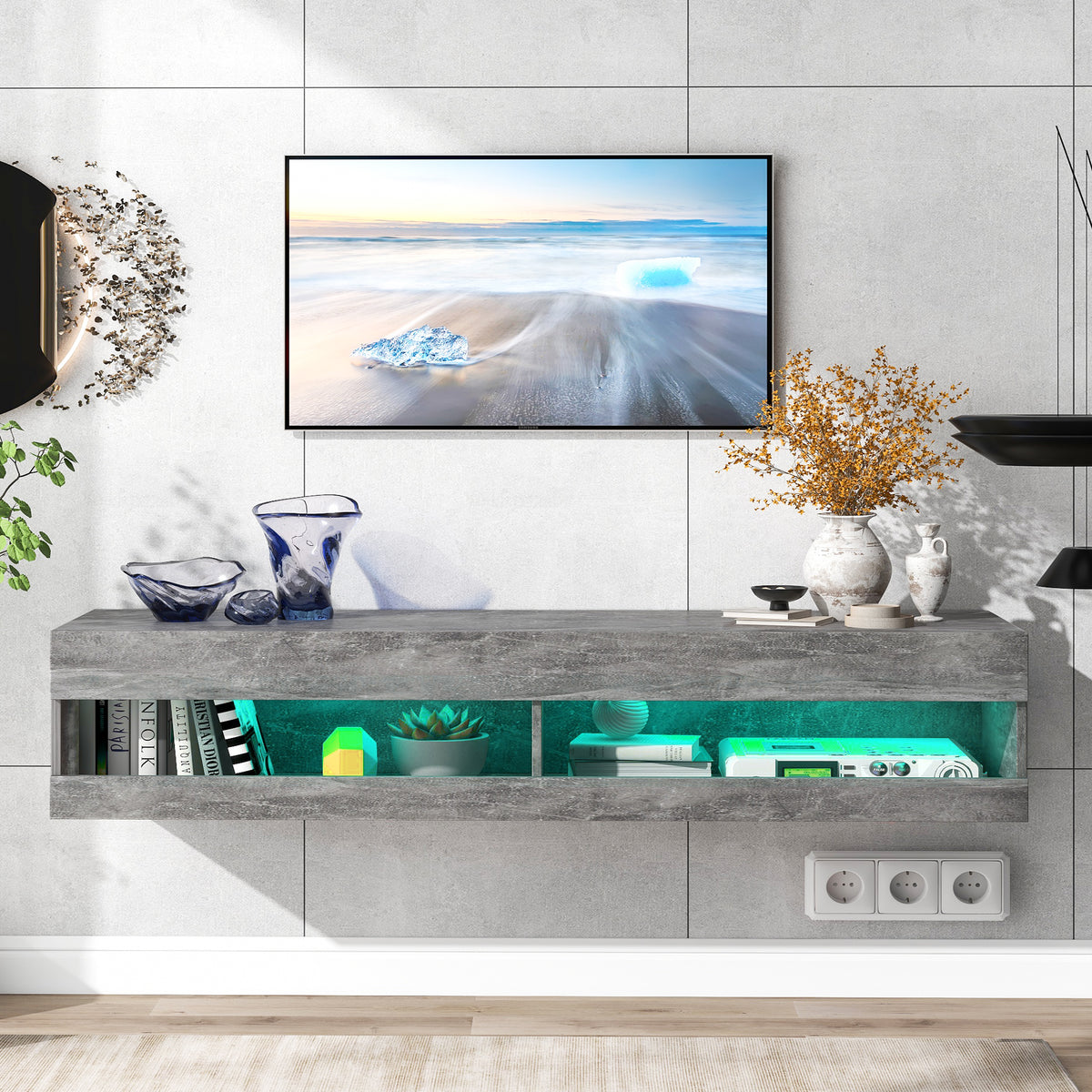 LED TV-Lowboard 140 cm in Hochglanz Weiß und Marmorgrau mit Stauraum