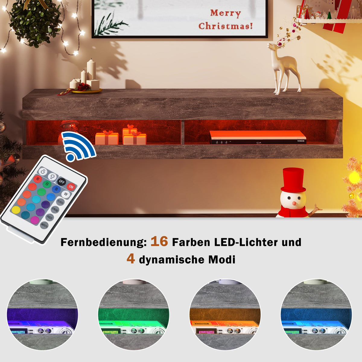 LED TV-Lowboard 140 cm in Hochglanz Weiß und Marmorgrau mit Stauraum