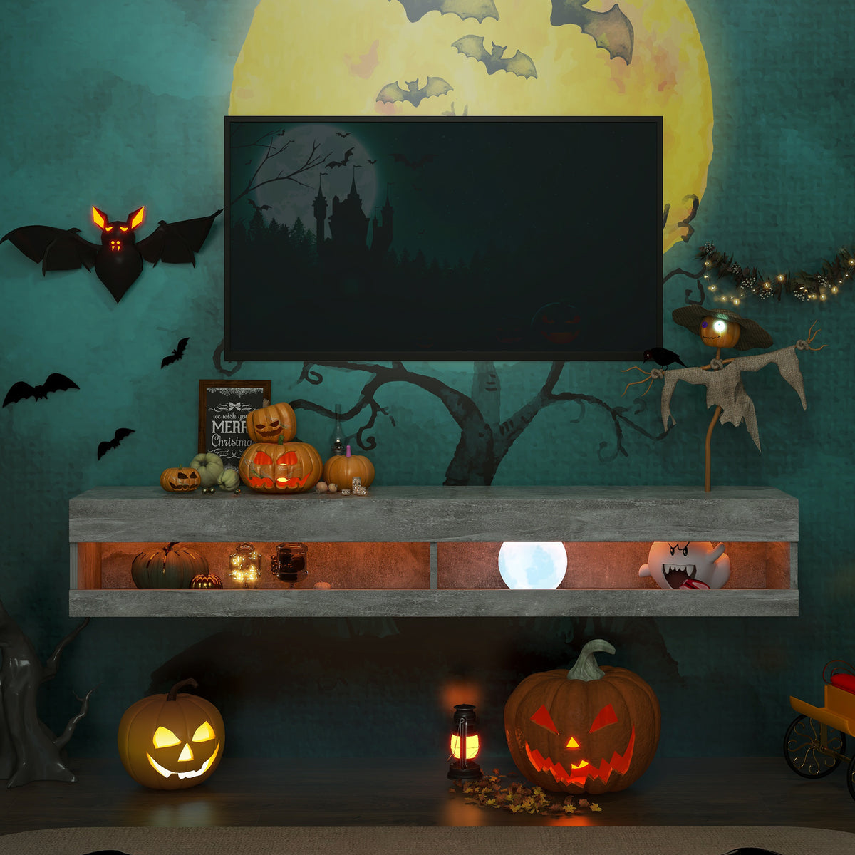 LED TV-Lowboard 140 cm in Hochglanz Weiß und Marmorgrau mit Stauraum