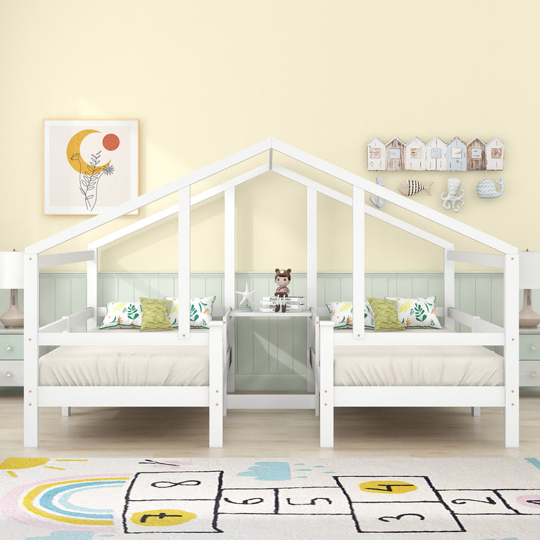 【NEUE ANKUNFT】Hausbett für 2 Kinder， zwei Einzelbetten unter einem Dach im Hausbettdesign mit Nachttisch und Lattenrost，Jugendbett 90*200 mit Rausfallschutz，Weiß