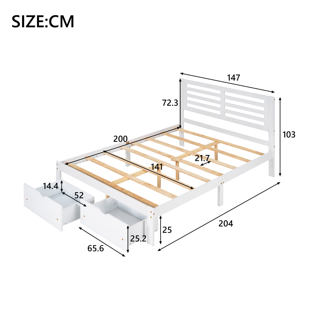 140x200 Kinderdoppelbett Mit Schublade（Weiß）
