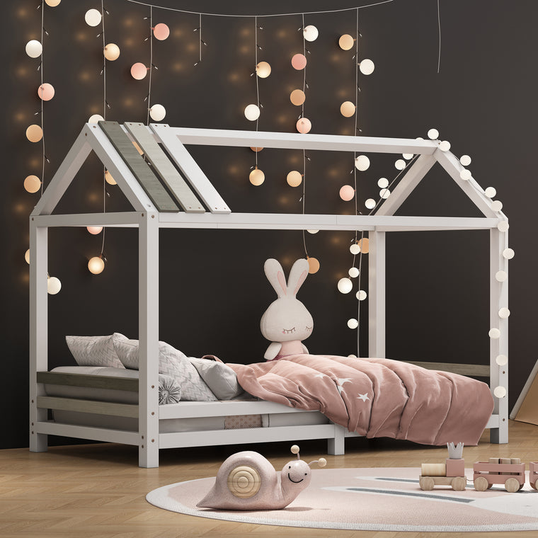 Spielbett Hausbett 200x90, Distressed Craft Plank Design, Tricolor Spleißholzlatten Dekorative Hausform, Ausfallschutz Kinderbett, Jungen und Mädchen Massivholz Kinderbett mit Lattenrost, weiß