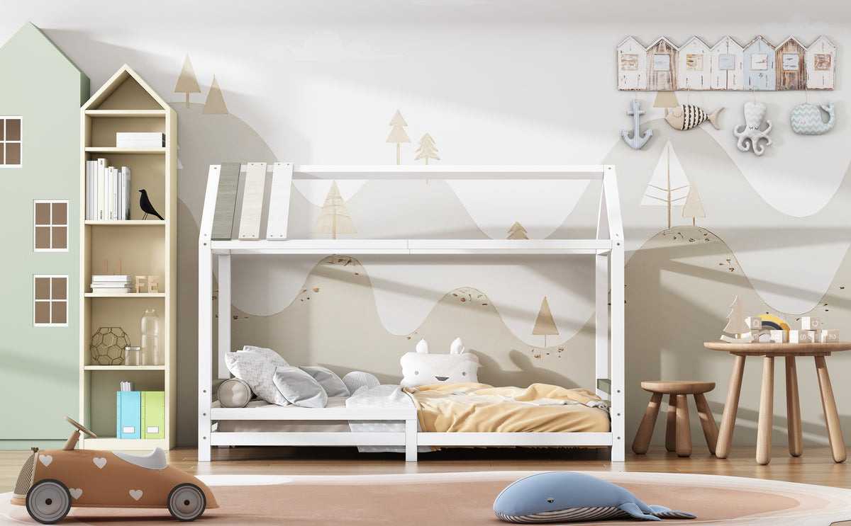 Spielbett Hausbett 200x90, Distressed Craft Plank Design, Tricolor Spleißholzlatten Dekorative Hausform, Ausfallschutz Kinderbett, Jungen und Mädchen Massivholz Kinderbett mit Lattenrost, weiß