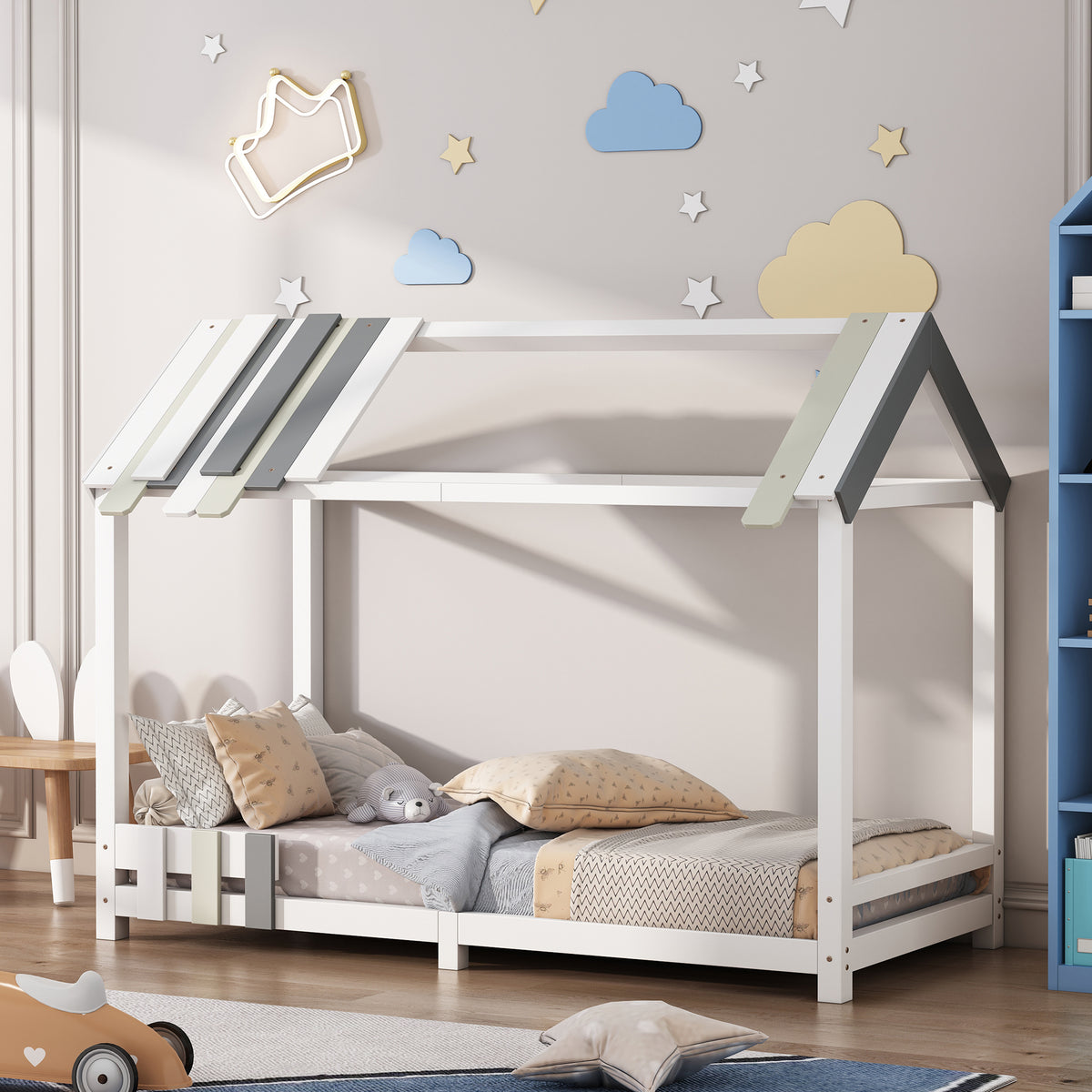 Spielbett Hausbett 200x90, Tricolor Spleißholzlatten Dekorative Hausform,Rausfallschutz Kinderbett, Jungen und Mädchen Massivholz Kinderbett mit Lattenrost, weiß