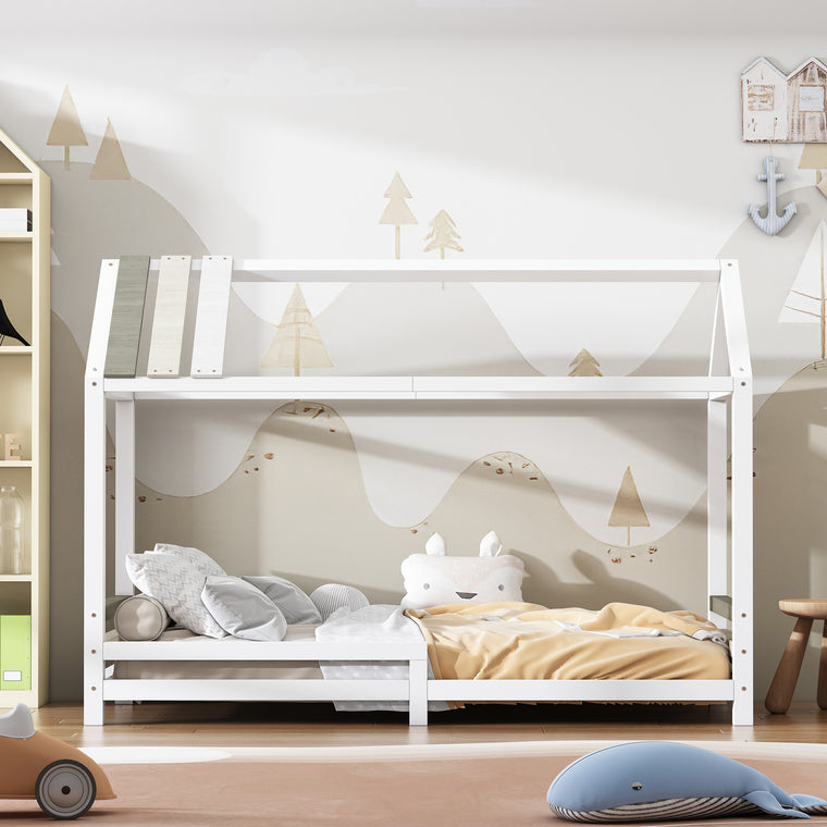Spielbett Hausbett 200x90, Distressed Craft Plank Design, Tricolor Spleißholzlatten Dekorative Hausform, Ausfallschutz Kinderbett, Jungen und Mädchen Massivholz Kinderbett mit Lattenrost, weiß