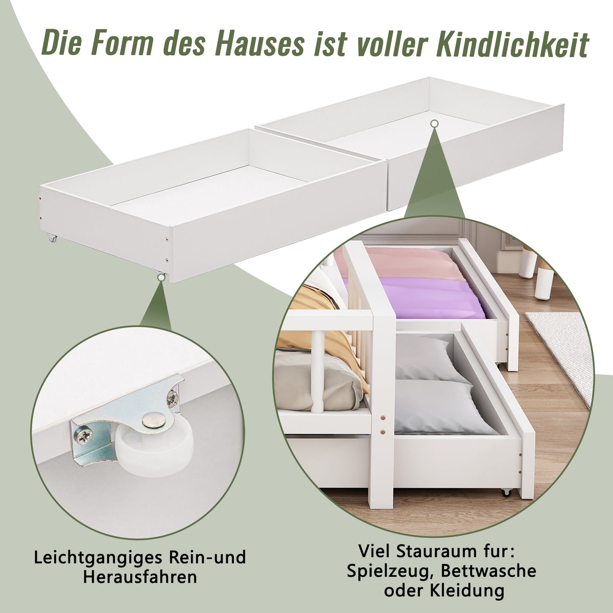 Hausbett Kinderbett 90 x 200 cm mit Regal, Schubladen und Lattenrost, Weiß
