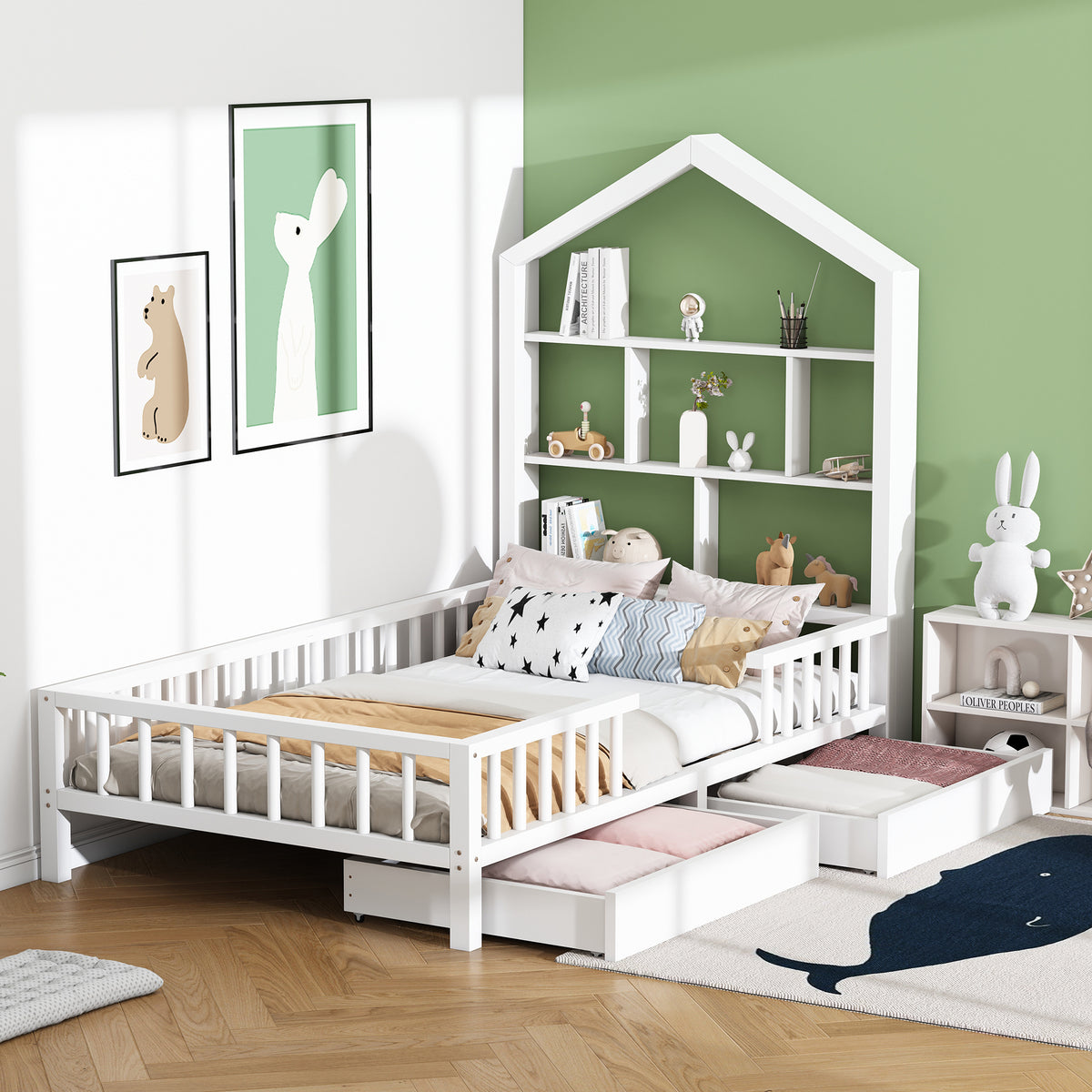 Hausbett Kinderbett 90 x 200 cm mit Regal, Schubladen und Lattenrost, Weiß