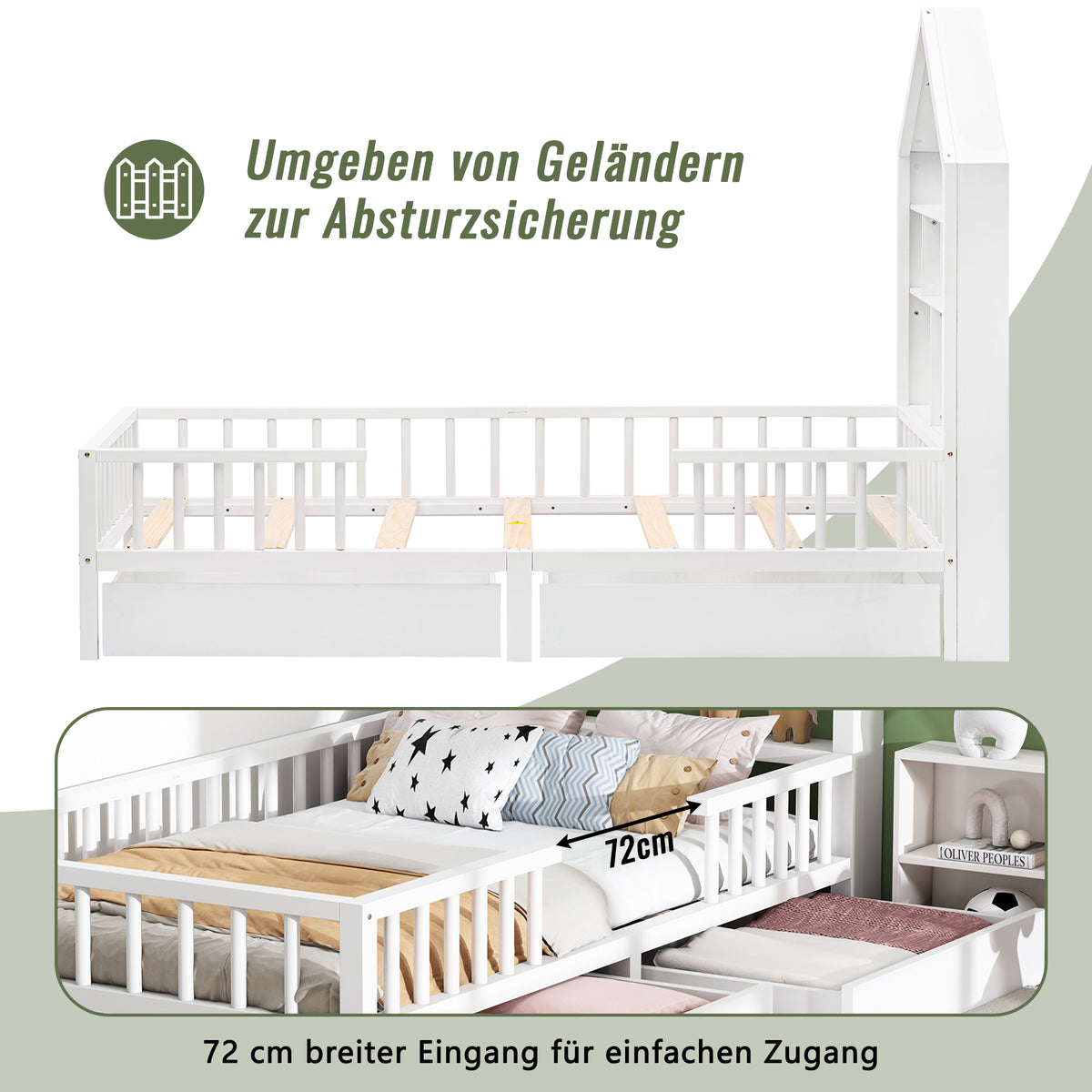 Hausbett Kinderbett 90 x 200 cm mit Regal, Schubladen und Lattenrost, Weiß