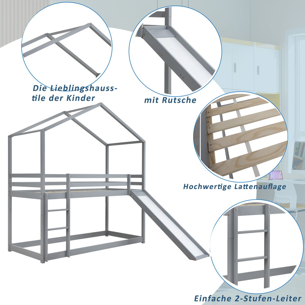 Kinderbett Hausbett, Niedriges Etagenbett mit Rutsche, Massivholz-Etagenbettrahmen mit Lattenrost 90 x 200 cm, Grau