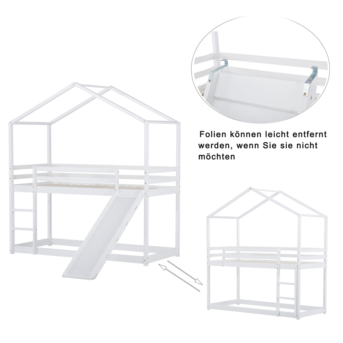 Kinderbett Hausbett, Niedriges Etagenbett mit Rutsche, Massivholz-Etagenbettrahmen mit Lattenrost 90 x 200 cm, weiß