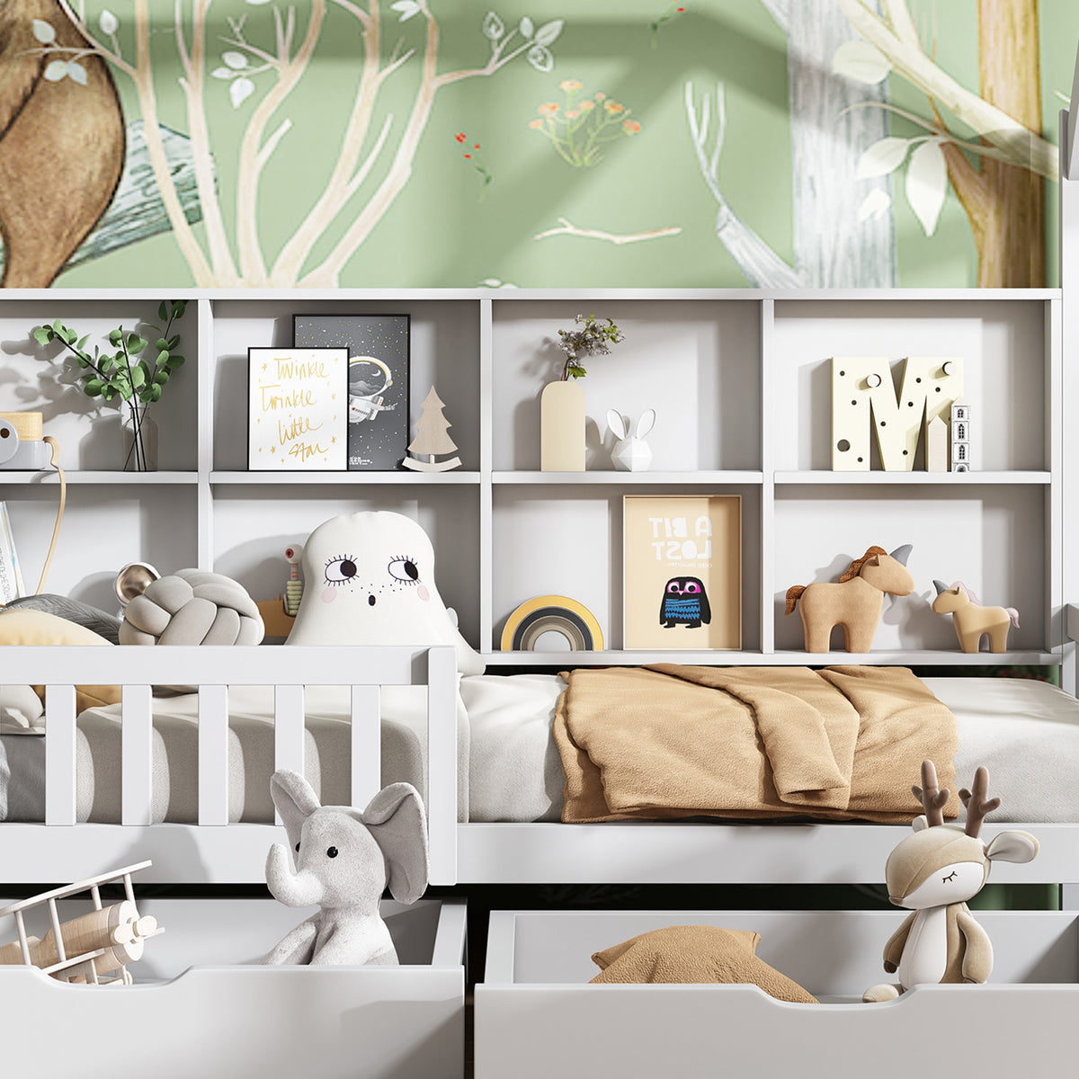 Hausbett Kinderbett mit Mehrzweck-Bücherregal-Speichergitter-Kabinett Ablageregal und zwei große Schubladen mit Stauraum und Kaminform 90x200 Weiß
