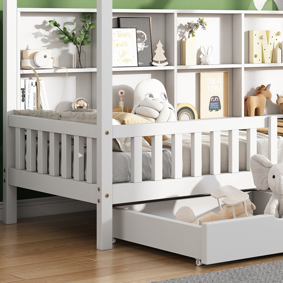 Hausbett Kinderbett mit Mehrzweck-Bücherregal-Speichergitter-Kabinett Ablageregal und zwei große Schubladen mit Stauraum und Kaminform 90x200 Weiß