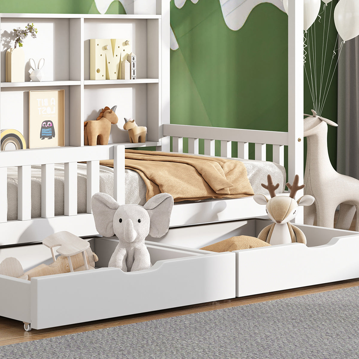Hausbett Kinderbett mit Mehrzweck-Bücherregal-Speichergitter-Kabinett Ablageregal und zwei große Schubladen mit Stauraum und Kaminform 90x200 Weiß