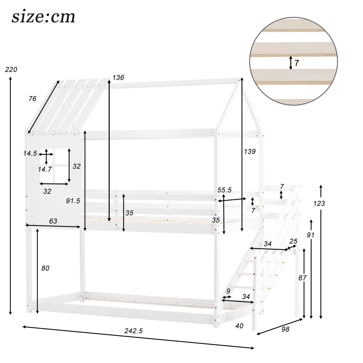 Etagenbett, Bett mit Ecktreppe, Hausbett, Kinderbett mit Fallschutz und Gitter, mit Fenster, Rahmen aus Kiefer, weiß (200x90cm)