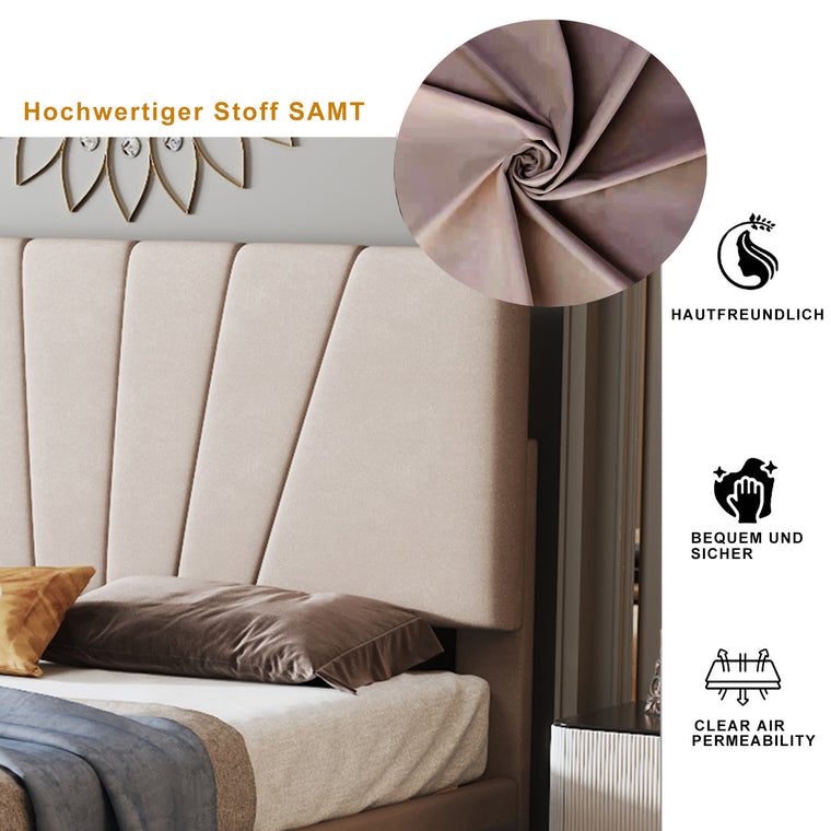 Polsterbett 140 x 200 cm Bett mit Lattenrost, Rückenlehne und großer Schublade, Hautfreundliche Samtstoff , Beige, Bett Doppelbett Jugendbett（Dunkelbeige）