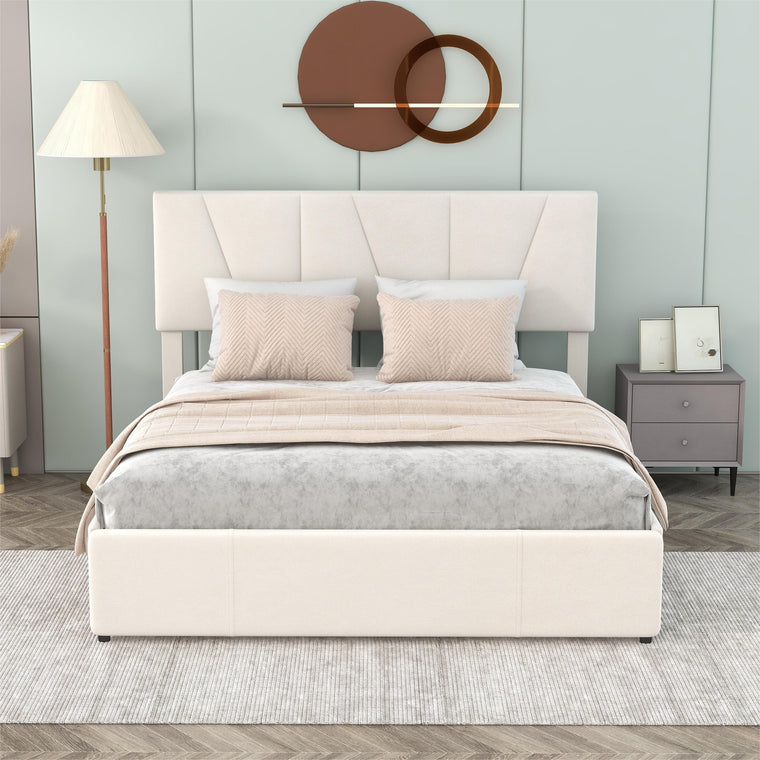 Double Size Polster Plattform Bett mit vier Schubladen auf zwei Seiten,Verstellbares Kopfteil,Beige(140*200cm)