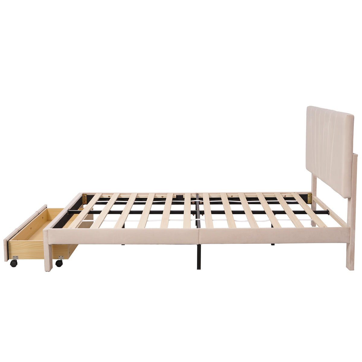 Polsterbett 140 x 200 cm Bett mit Lattenrost, Rückenlehne und großer Schublade, Hautfreundliche Samtstoff , Beige, Bett Doppelbett Jugendbett（Dunkelbeige）