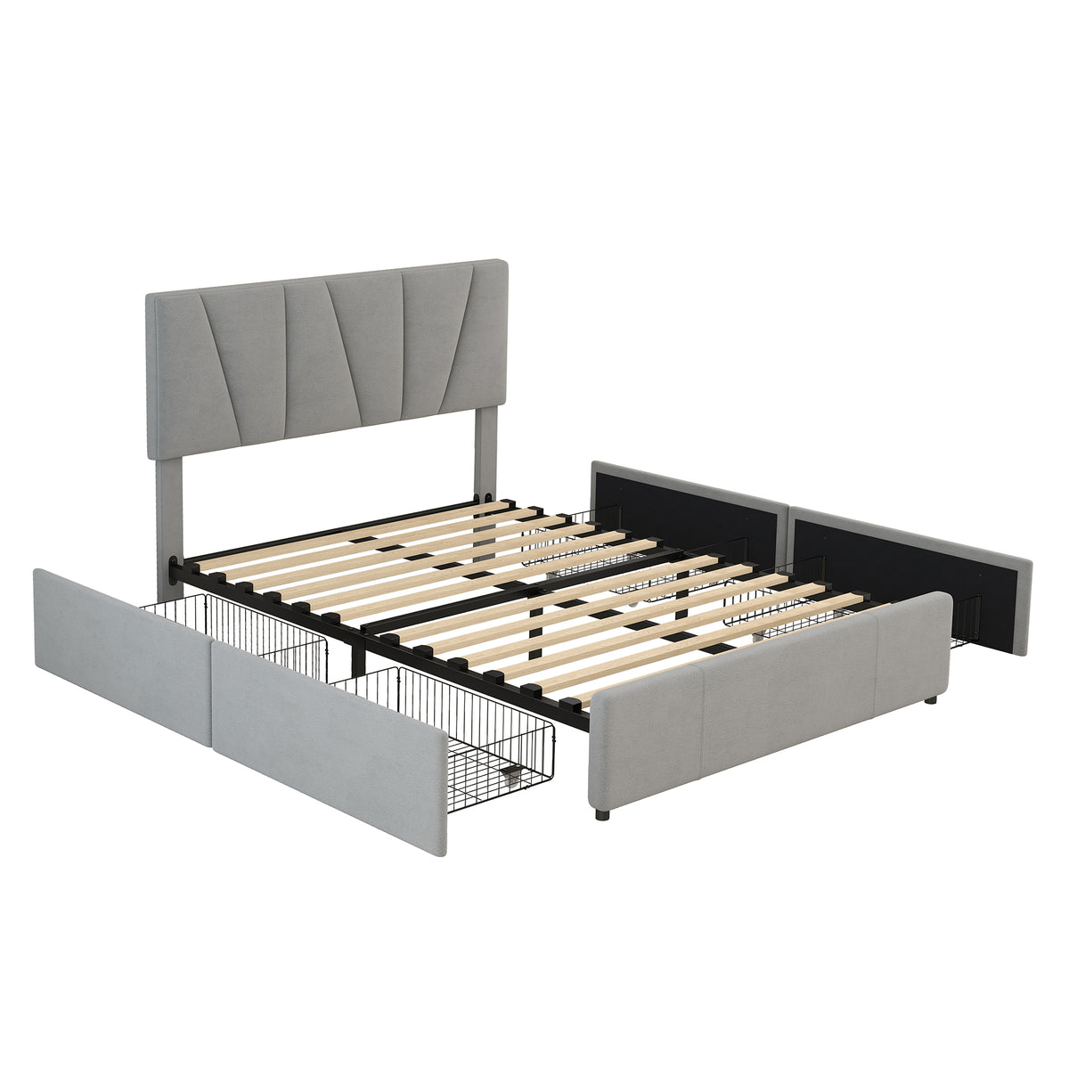 Double Size Polster Plattform Bett mit vier Schubladen auf zwei Seiten,Verstellbares Kopfteil,Grau(140*200cm)