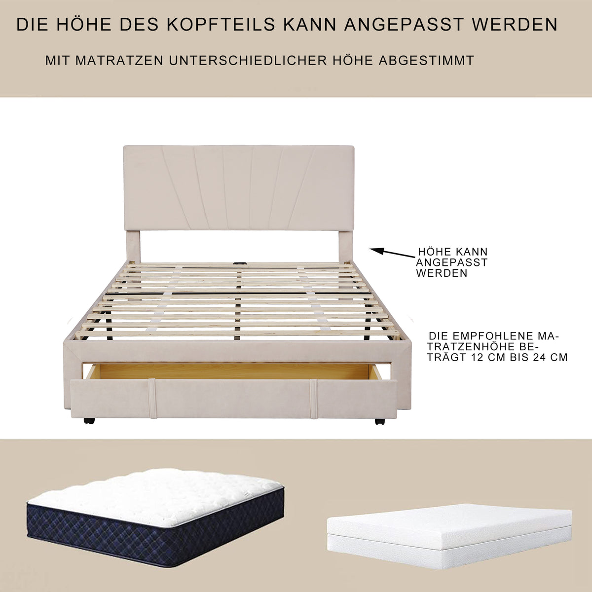 Polsterbett 140 x 200 cm Bett mit Lattenrost, Rückenlehne und großer Schublade, Hautfreundliche Samtstoff , Beige, Bett Doppelbett Jugendbett（Dunkelbeige）