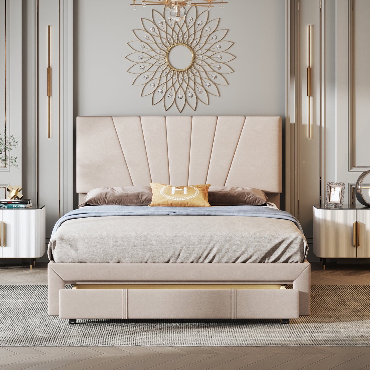 Polsterbett 140 x 200 cm Bett mit Lattenrost, Rückenlehne und großer Schublade, Hautfreundliche Samtstoff , Beige, Bett Doppelbett Jugendbett（Dunkelbeige）