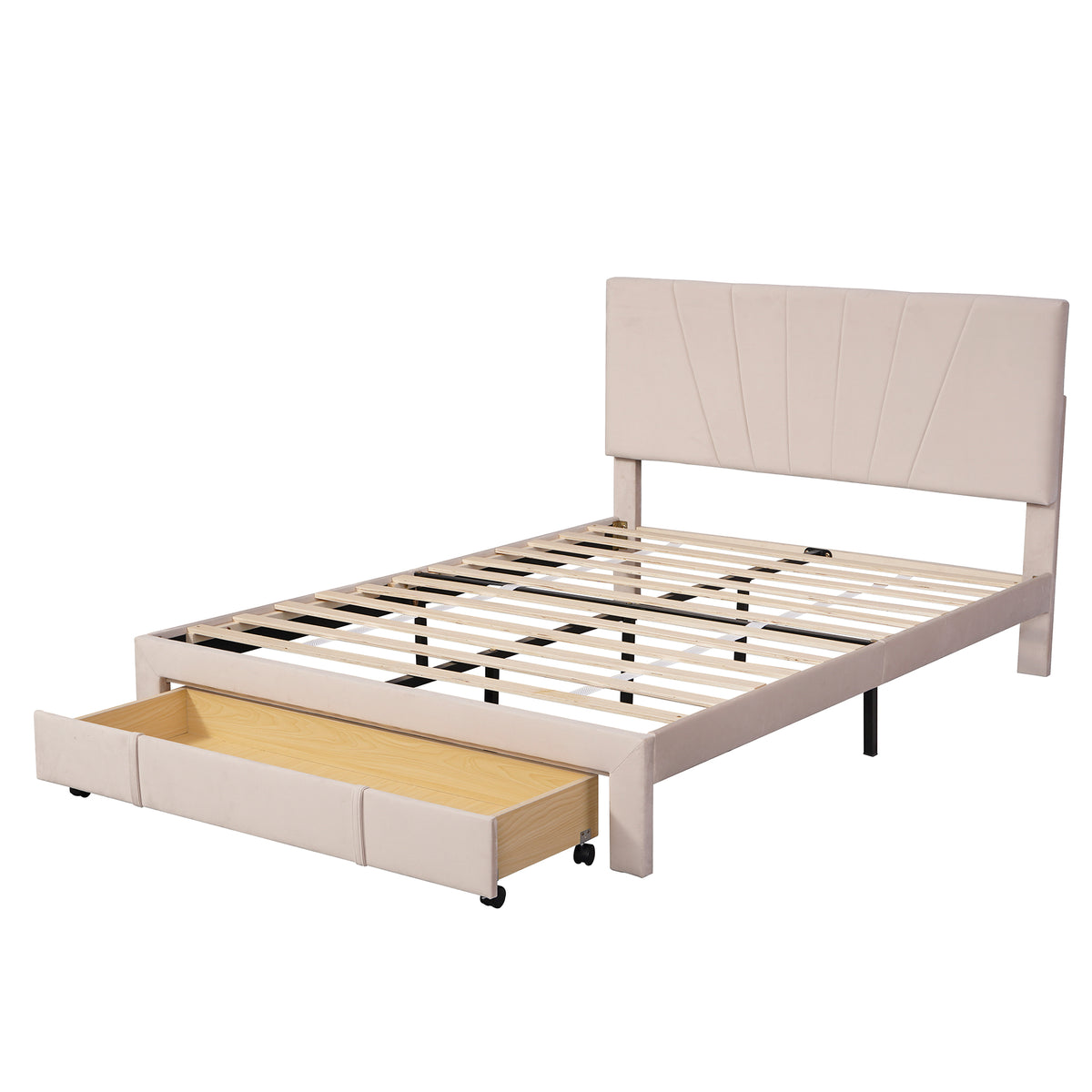 Polsterbett 140 x 200 cm Bett mit Lattenrost, Rückenlehne und großer Schublade, Hautfreundliche Samtstoff , Beige, Bett Doppelbett Jugendbett（Dunkelbeige）