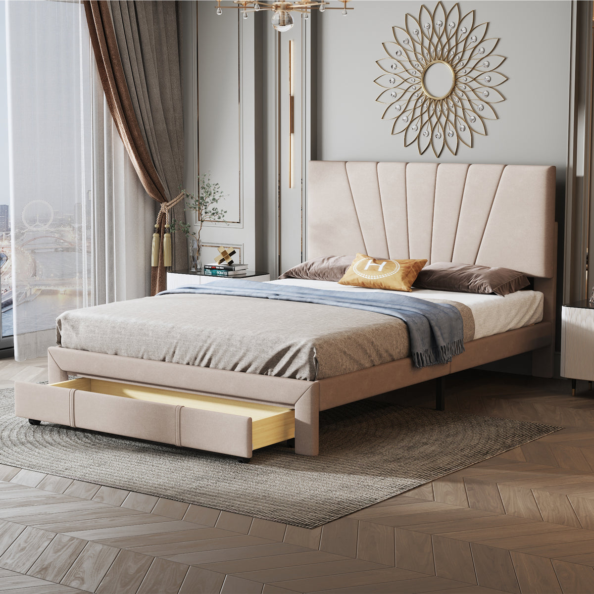 Polsterbett 140 x 200 cm Bett mit Lattenrost, Rückenlehne und großer Schublade, Hautfreundliche Samtstoff , Beige, Bett Doppelbett Jugendbett（Dunkelbeige）