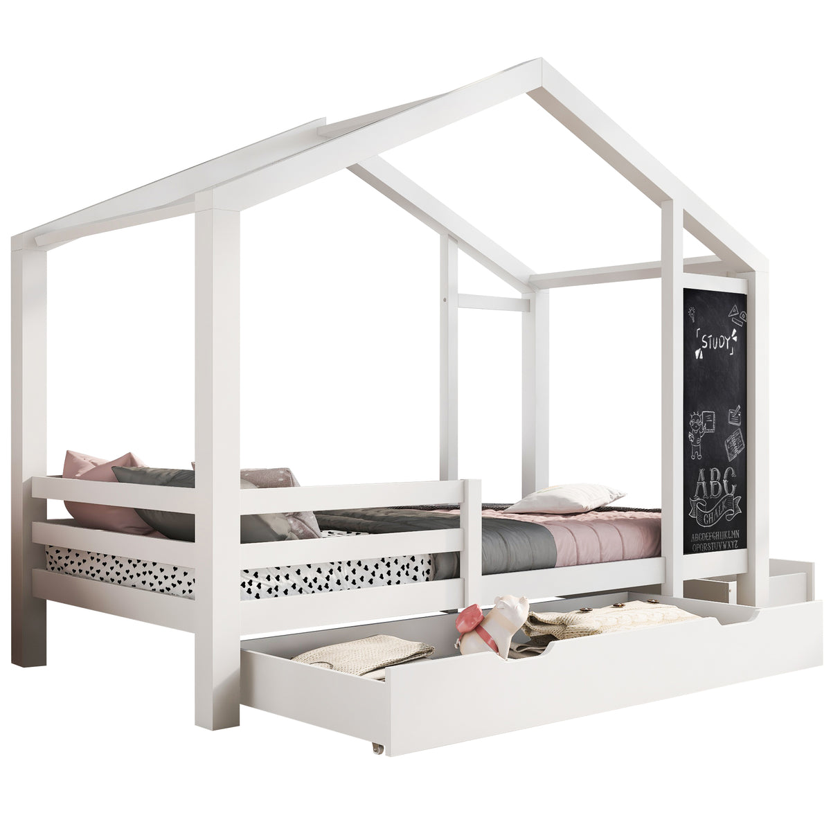 Kinderbett Hausbett 90 x 200 cm, Holzbett mit Tafel und 2 Schubladen, Massivholz mit Zaun und Lattenrost, Weiß (ohne Matratze)