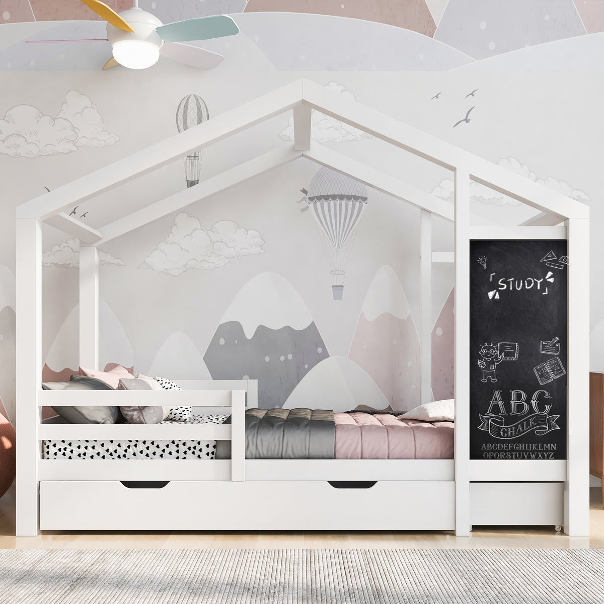 Kinderbett Hausbett 90 x 200 cm, Holzbett mit Tafel und 2 Schubladen, Massivholz mit Zaun und Lattenrost, Weiß (ohne Matratze)