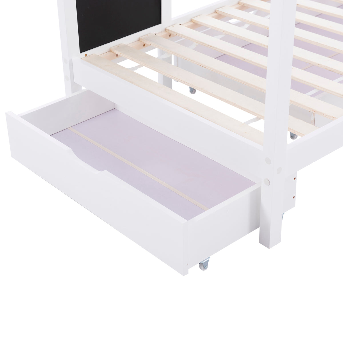 Kinderbett Hausbett 90 x 200 cm, Holzbett mit Tafel und 2 Schubladen, Massivholz mit Zaun und Lattenrost, Weiß (ohne Matratze)