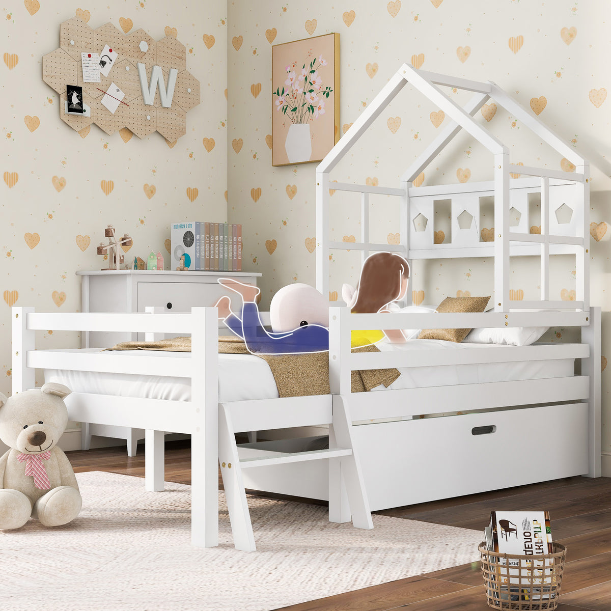 Hausbett Kinderbett mit Leiter und Schubladen, inkl. Lattenrost,Hochbett Massivholz mit Ausfallschutz 90x200cm Weiß(Ohne Matratze)