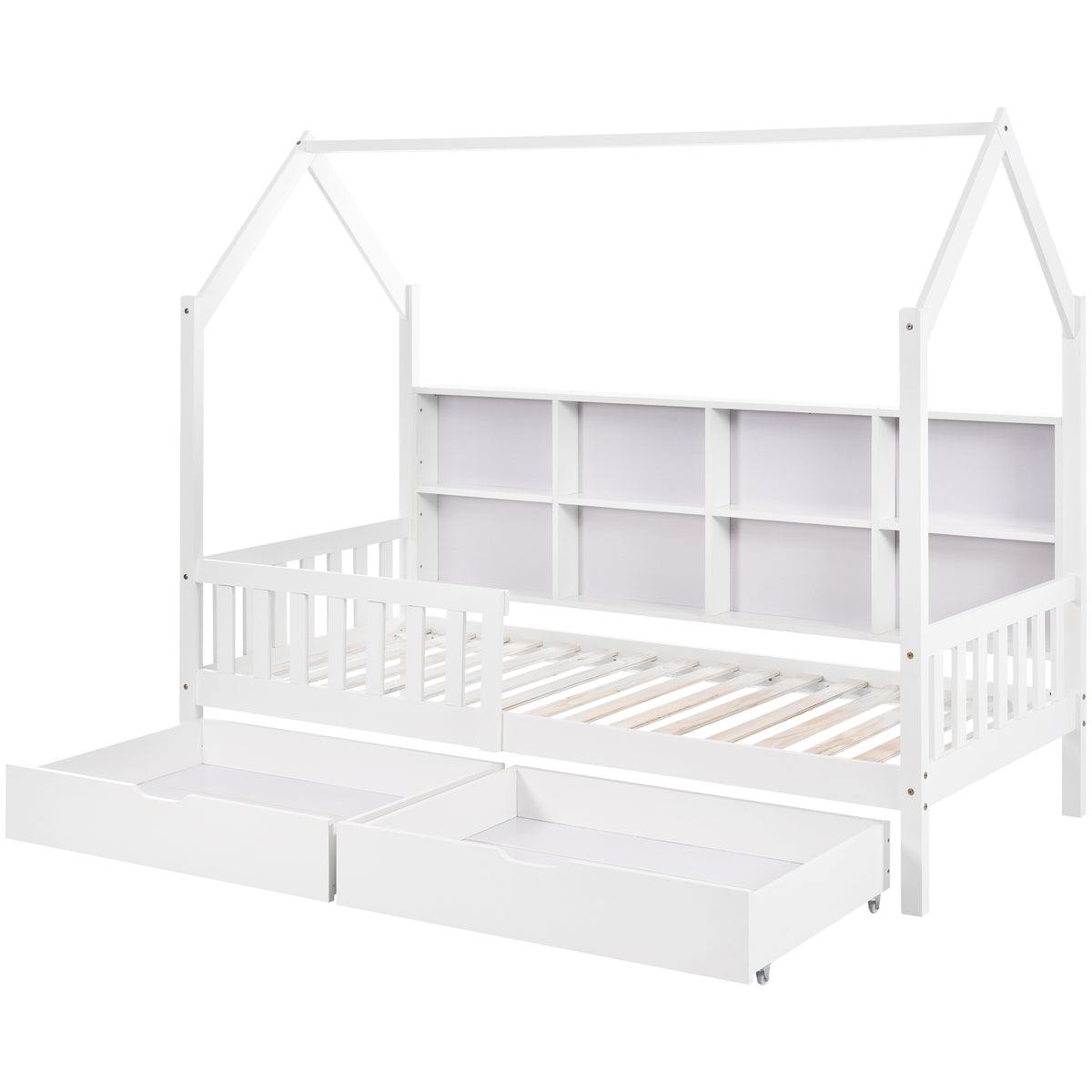 Hausbett Kinderbett mit Mehrzweck-Bücherregal-Speichergitter-Kabinett Ablageregal und zwei große Schubladen mit Stauraum und Kaminform 90x200 Weiß