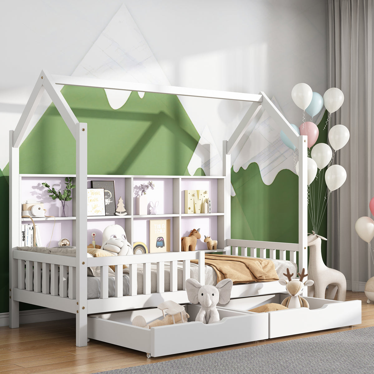 Hausbett Kinderbett mit Mehrzweck-Bücherregal-Speichergitter-Kabinett Ablageregal und zwei große Schubladen mit Stauraum und Kaminform 90x200 Weiß