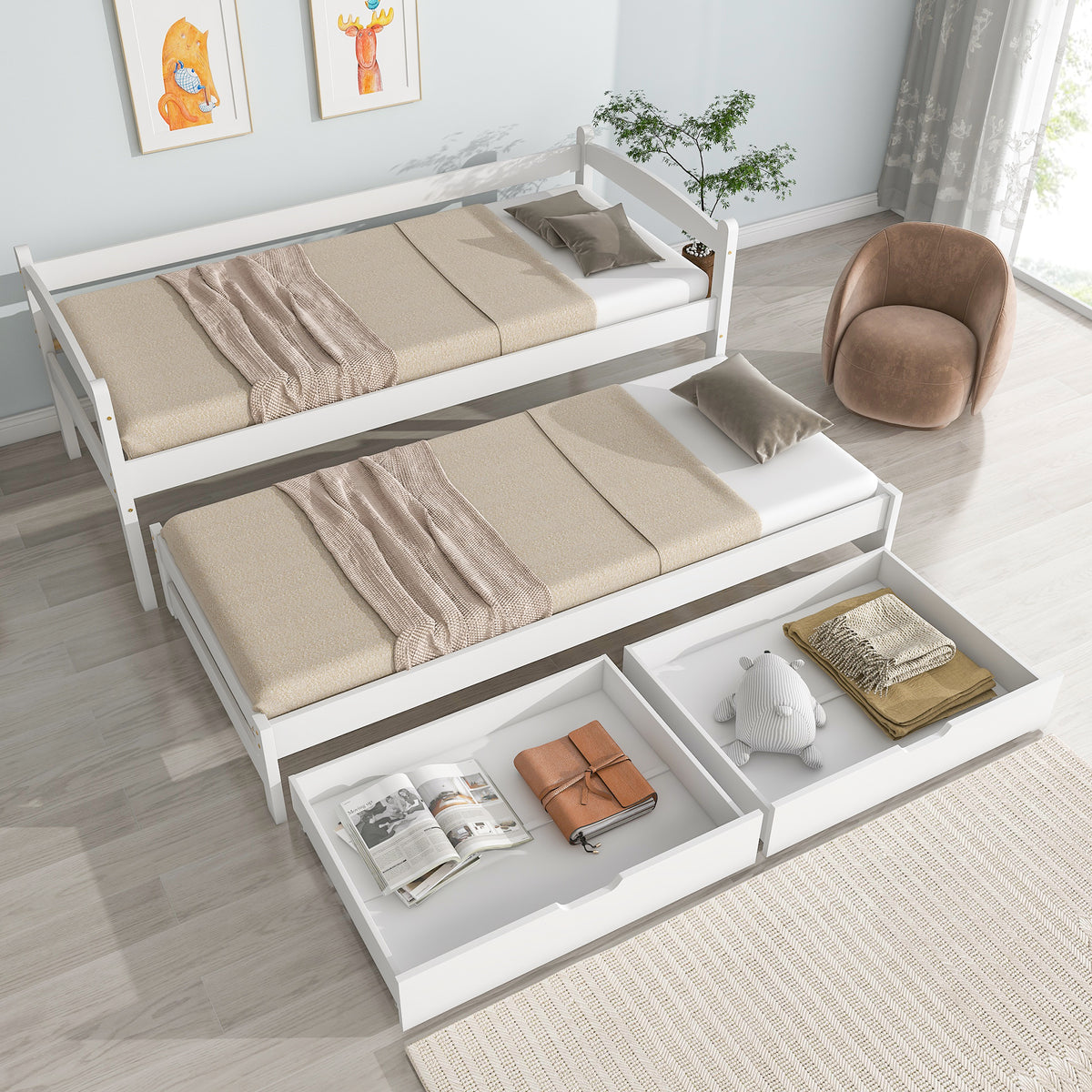 Tagesbett, Einzel- und Doppelbett, Schiebebett mit Rollen unten, mit 2 MDF-Schubladen, Massivholzrahmen, weiß (200x90cm/190x90cm)