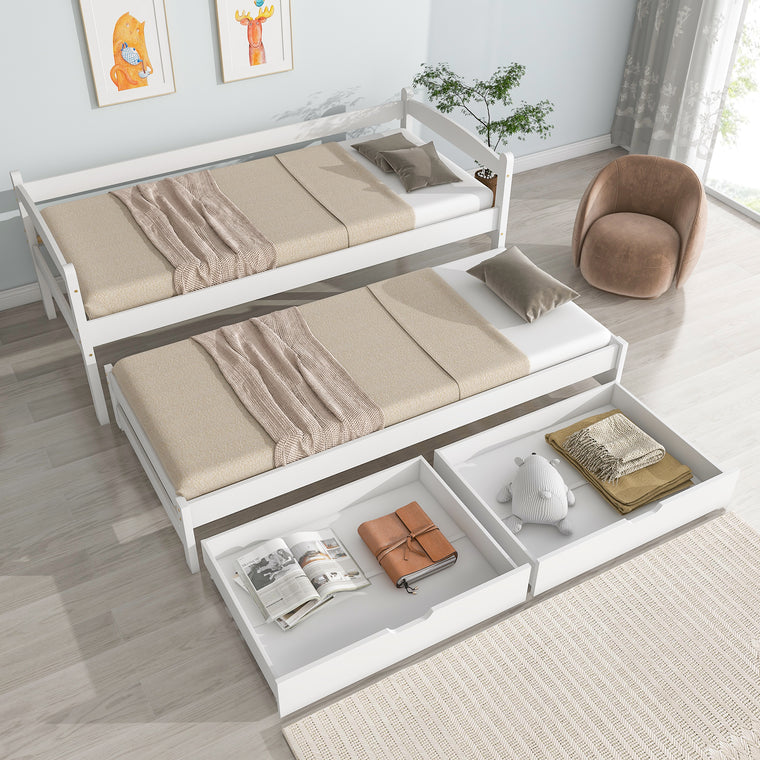 Tagesbett, Einzel- und Doppelbett, Schiebebett mit Rollen unten, mit 2 MDF-Schubladen, Massivholzrahmen, weiß (200x90cm/190x90cm)