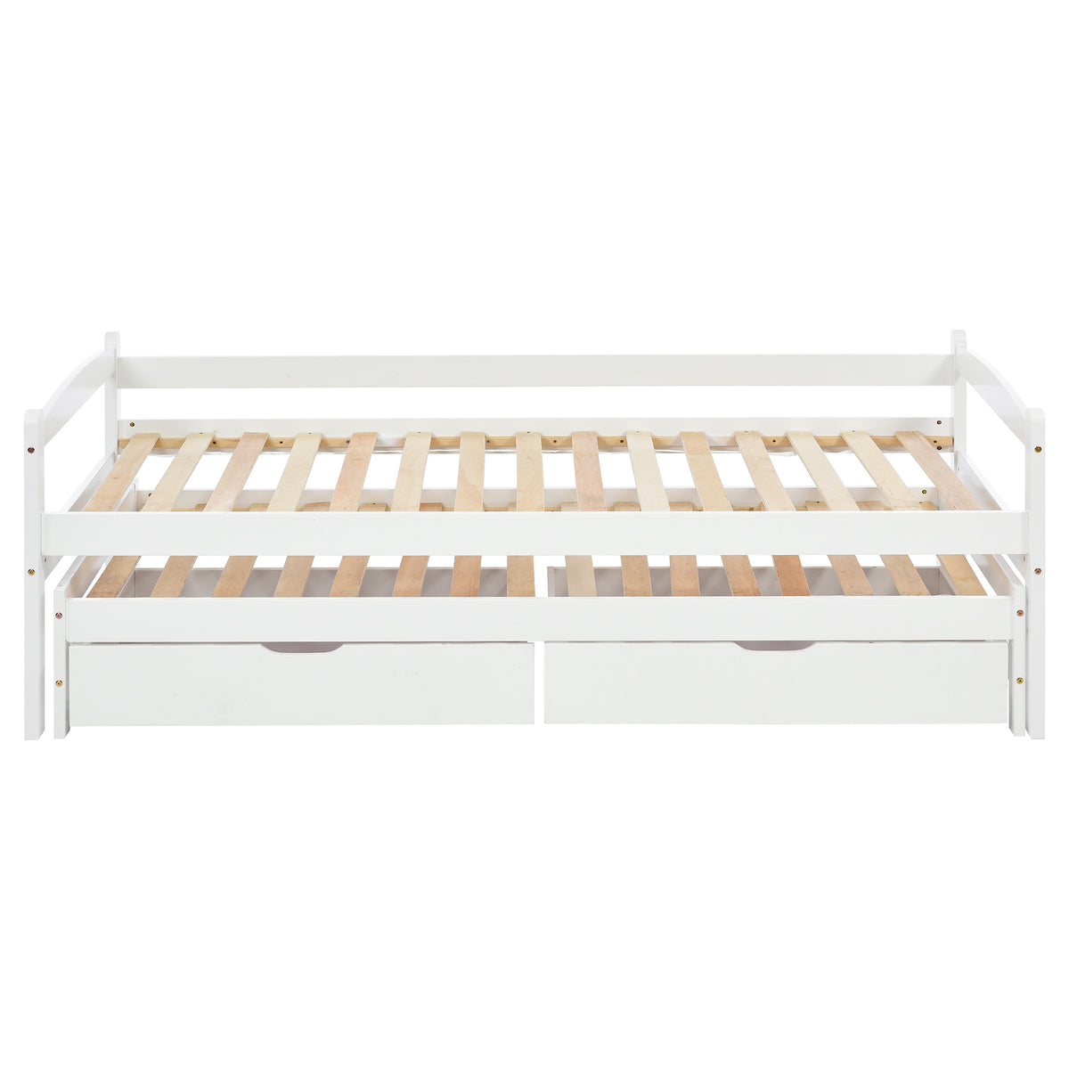 Tagesbett, Einzel- und Doppelbett, Schiebebett mit Rollen unten, mit 2 MDF-Schubladen, Massivholzrahmen, weiß (200x90cm/190x90cm)