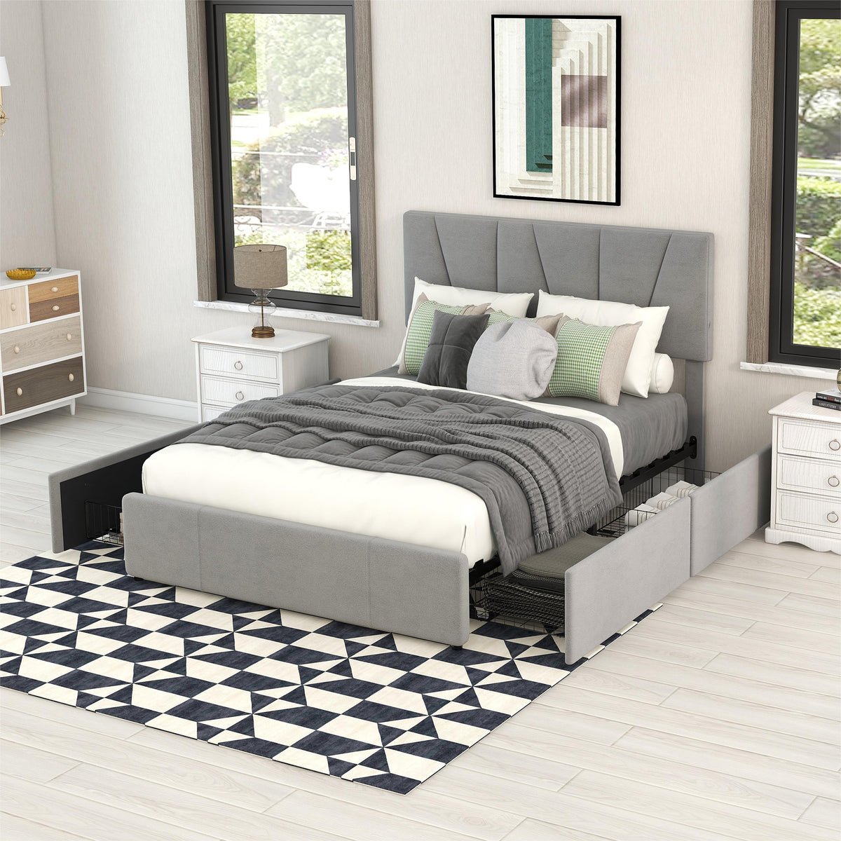 Double Size Polster Plattform Bett mit vier Schubladen auf zwei Seiten,Verstellbares Kopfteil,Grau(140*200cm)
