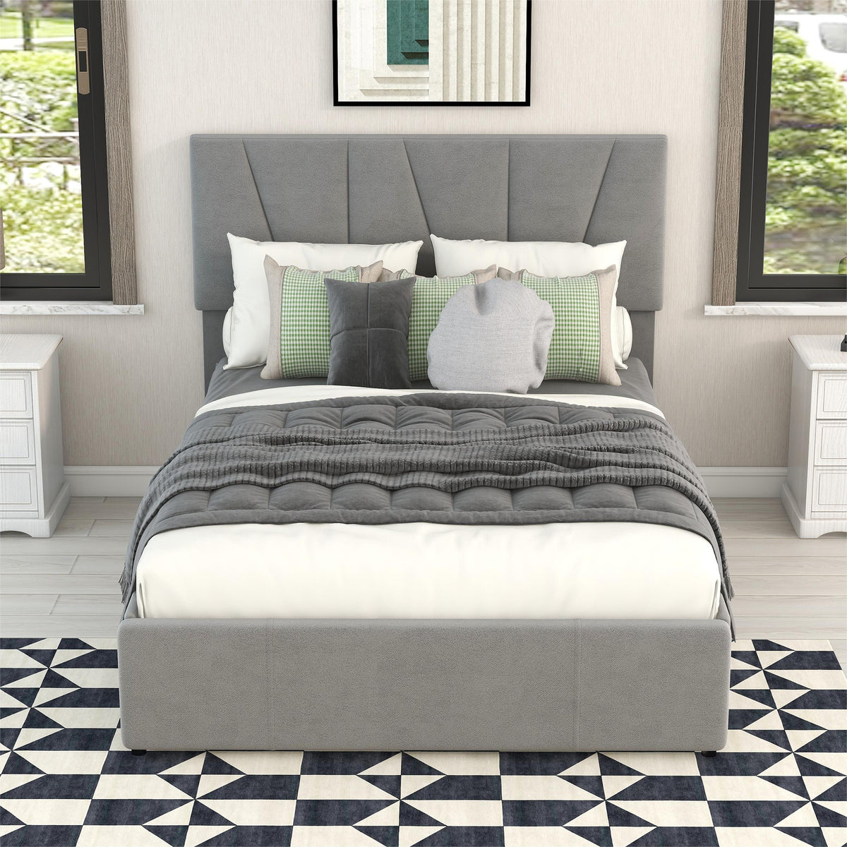 Double Size Polster Plattform Bett mit vier Schubladen auf zwei Seiten,Verstellbares Kopfteil,Grau(140*200cm)