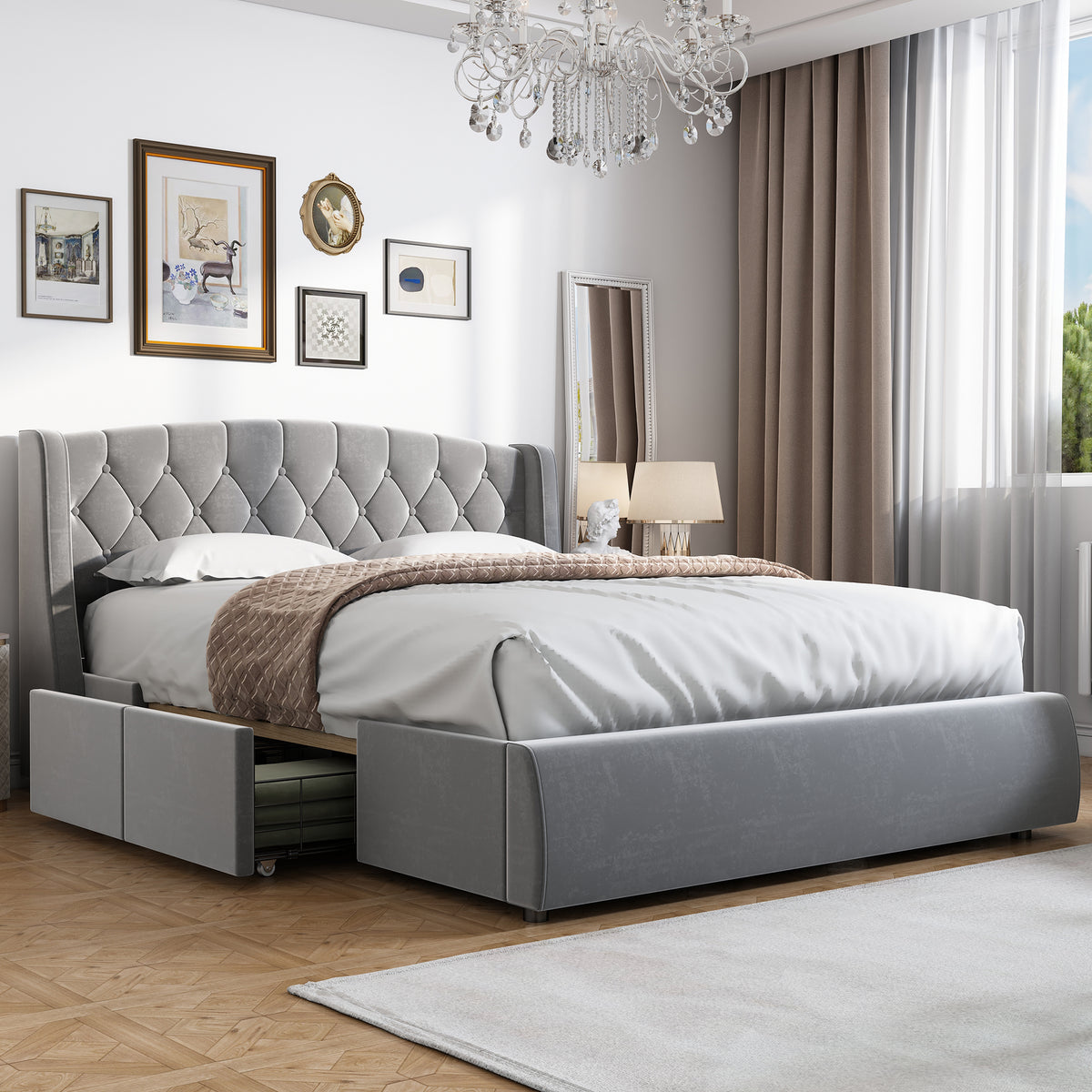 Samt Polsterbett,Schubladen aus stabilem Drahtgeflecht,Doppelbett mit Lattenrost und 4 Bettschubkästen,140 x 200 cm,ohne Matratze,grau
