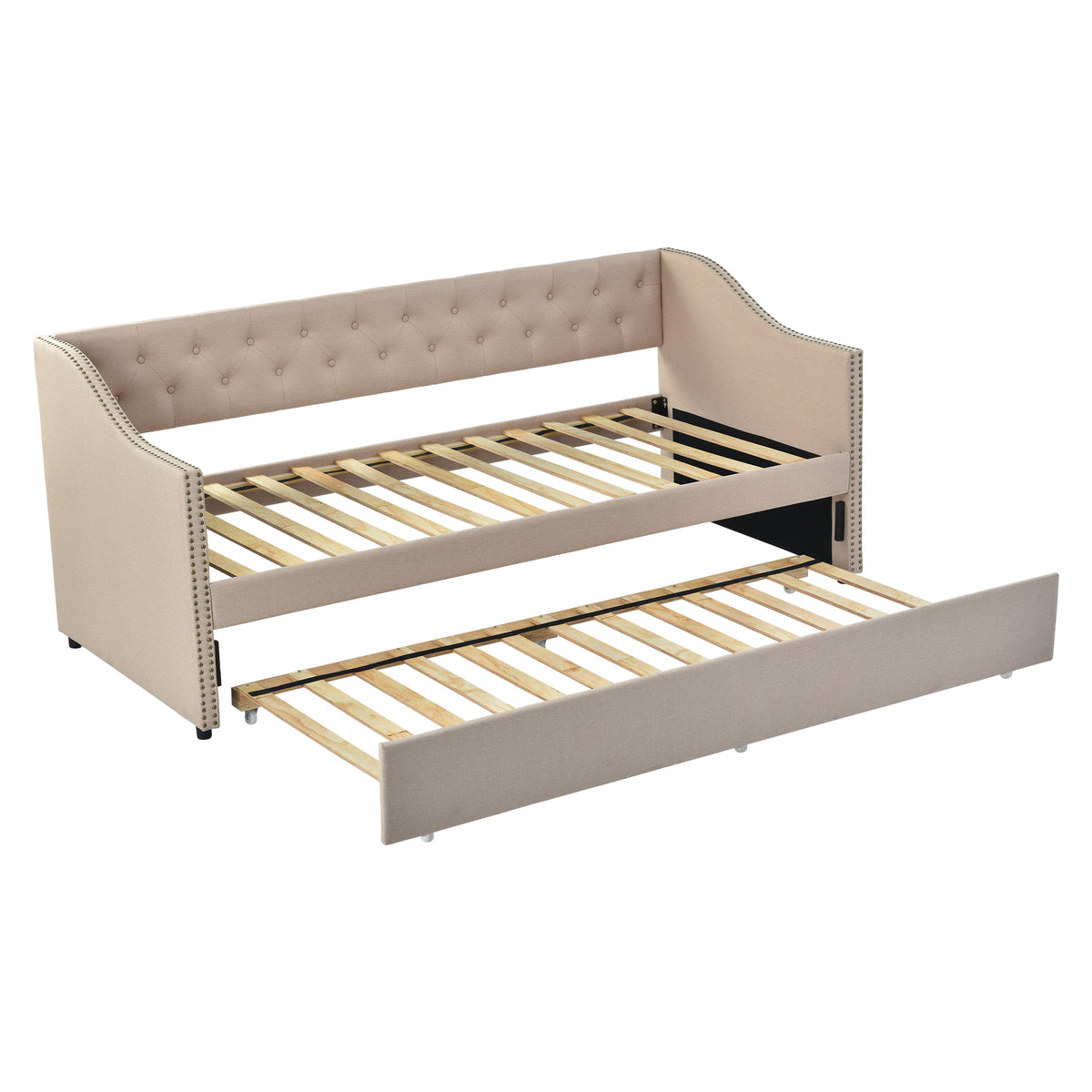 Polsterbett Kinderbett 90x200, Ausziehbares Schlafsofa Beige Strapazierfähiger Leinenstoff Jugendbett Kinderbett Gästebett
