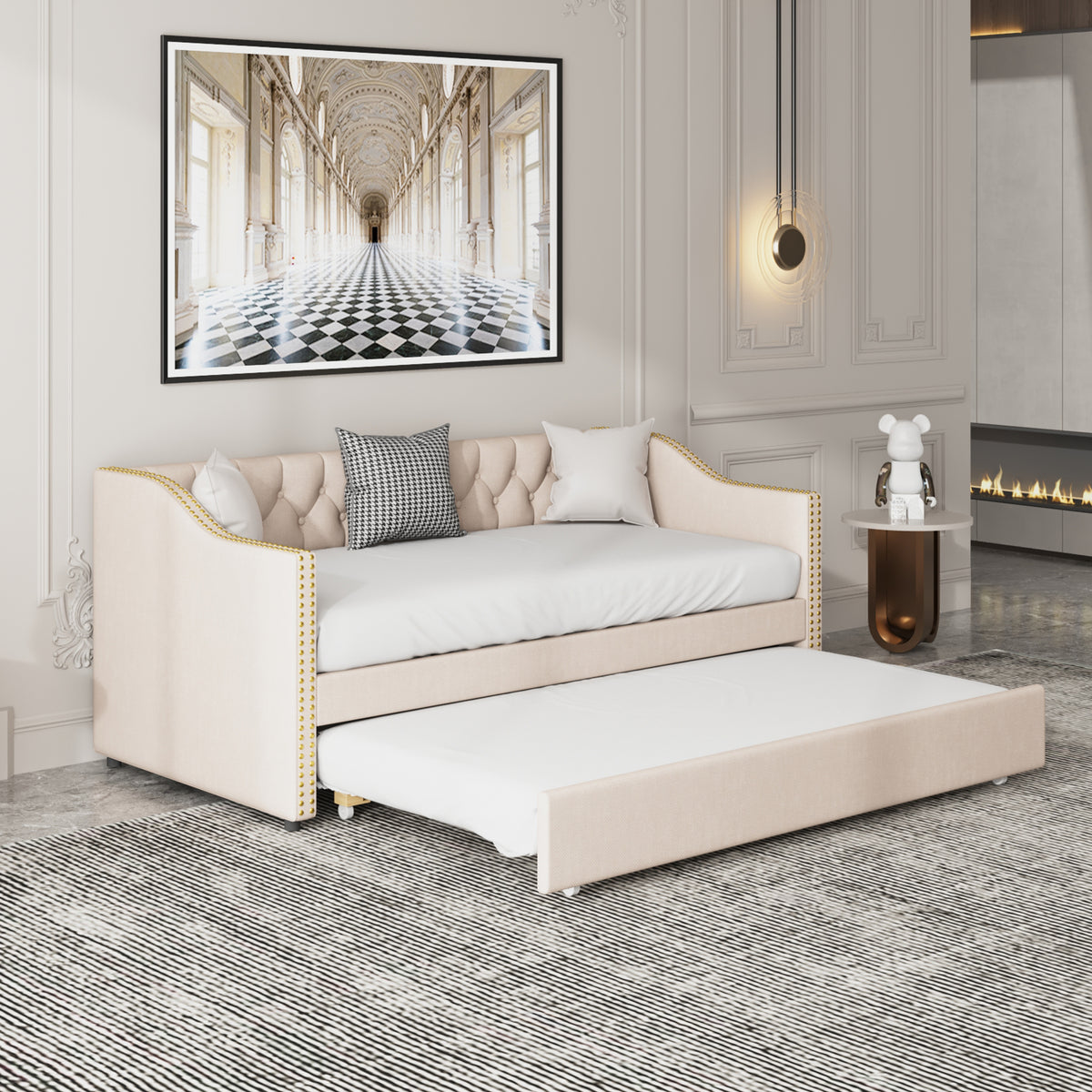 Polsterbett Kinderbett 90x200, Ausziehbares Schlafsofa Beige Strapazierfähiger Leinenstoff Jugendbett Kinderbett Gästebett