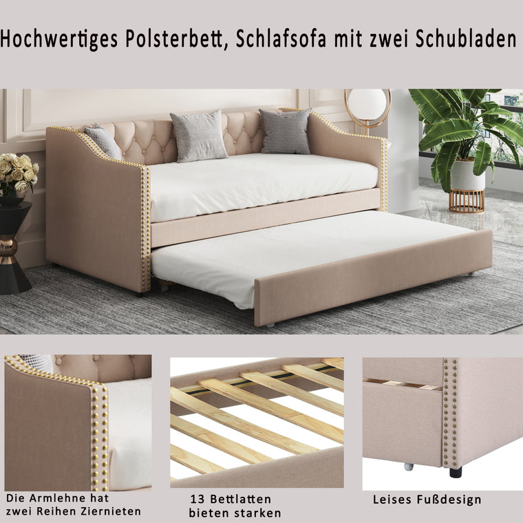 Polsterbett Kinderbett 90x200, Ausziehbares Schlafsofa Beige Strapazierfähiger Leinenstoff Jugendbett Kinderbett Gästebett