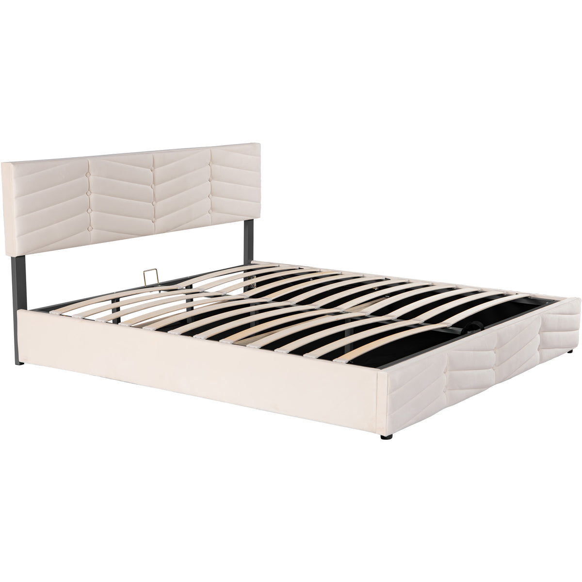 Polsterbett,Doppelbett,hydraulisches Funktionsbett,Samt,Streifen-Stil,Continentalbett,höhenverstellbares Kopfteil,180 x 200,Beige
