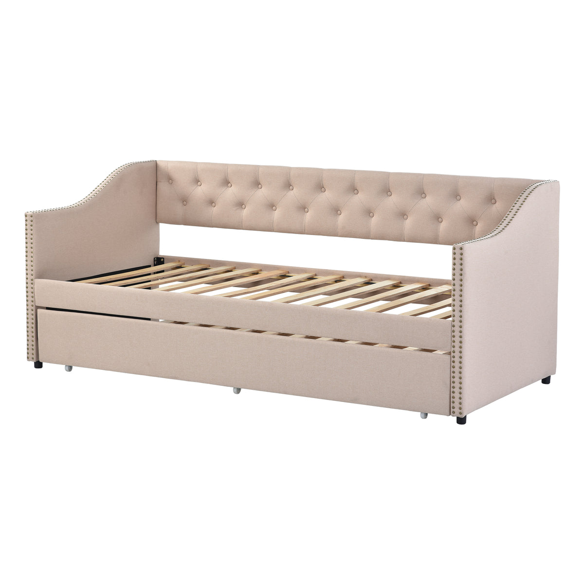 Polsterbett Kinderbett 90x200, Ausziehbares Schlafsofa Beige Strapazierfähiger Leinenstoff Jugendbett Kinderbett Gästebett